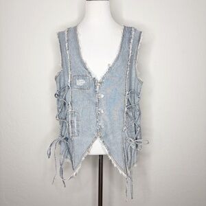 POL Stripe Denim Oversized Vest Criss Cross Side Ties Distressed Size Medium